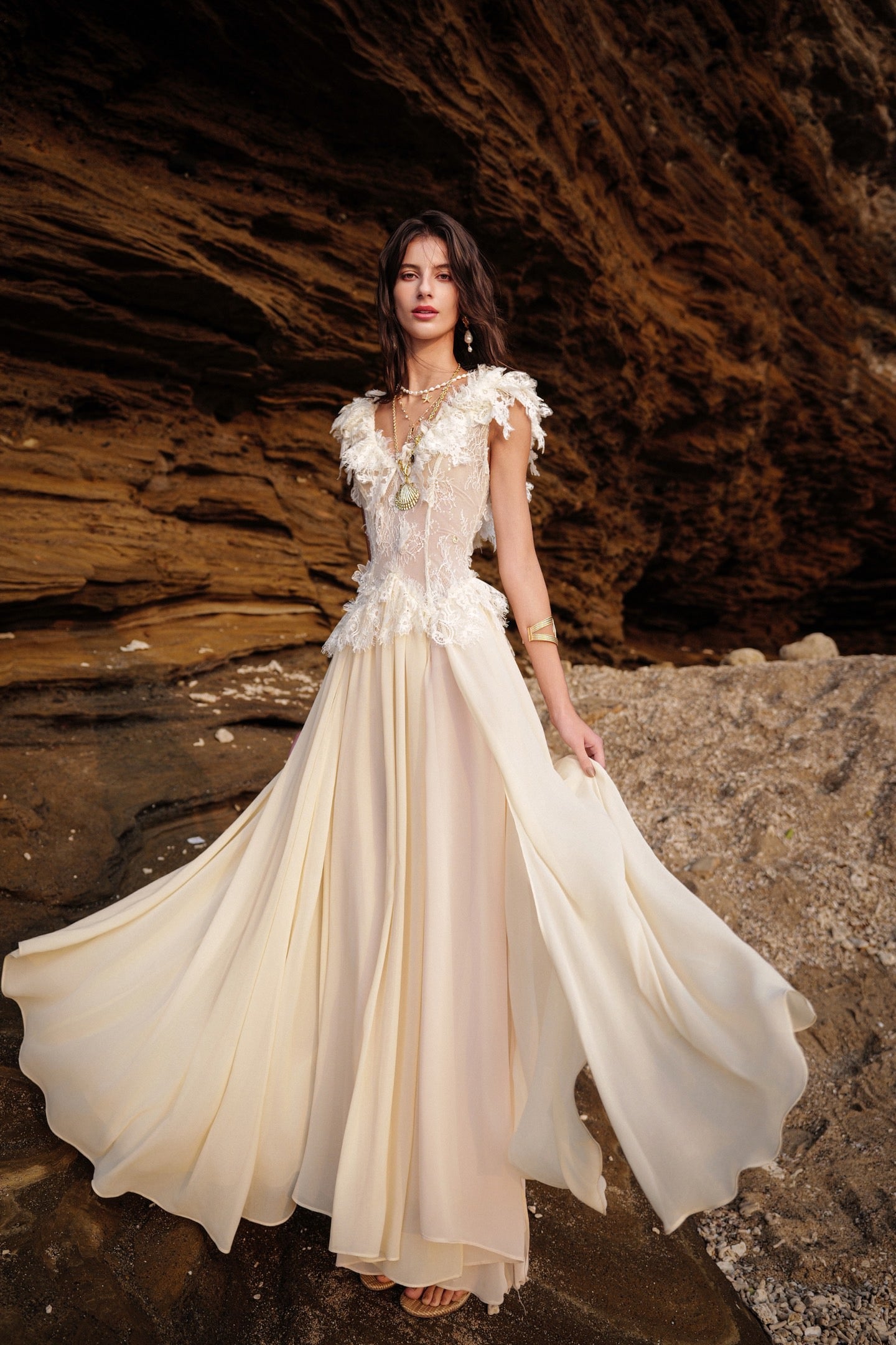 SHEERLUCK Floral Vacation Brown Muse Multi-layered Lace Panel Maxi Dress