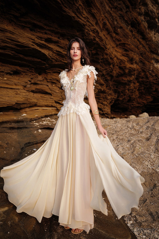 SHEERLUCK Floral Vacation Cream Muse Multi-layered Lace Panel Maxi Dress