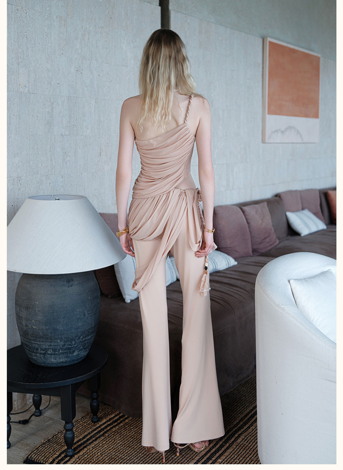 Sheerluck Elegant Vacation Nude Drapella Lace-Braided Pleated Top & Flared Pants Set