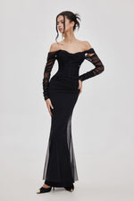 Black Off-Shoulder Mesh Long Sleeve Corset Mermaid Maxi Dress