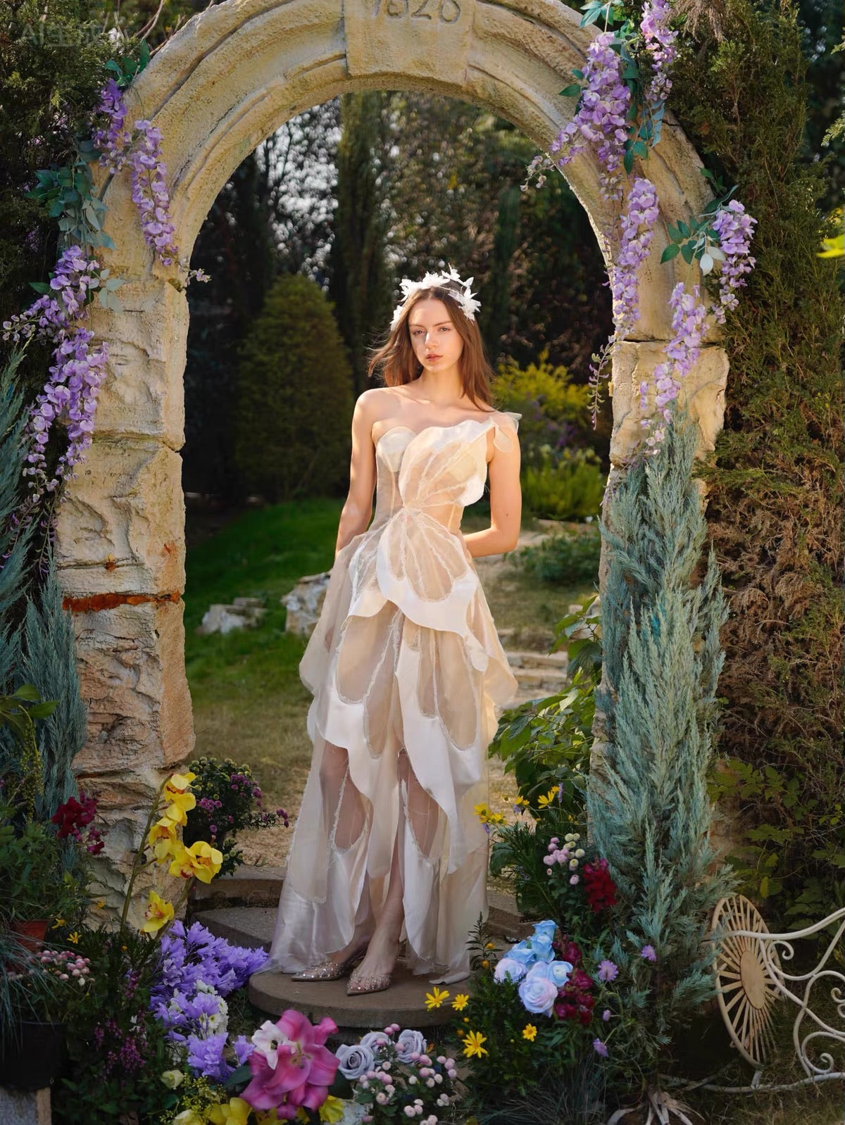 White 3D Petal Sheer Tulle Maxi Dress
