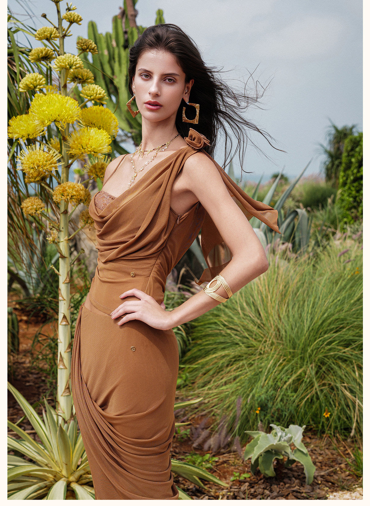 Nude Asymmetric One-Shoulder Draped Cutout 3D Floral Mermai
 Top & Maxi Skirt