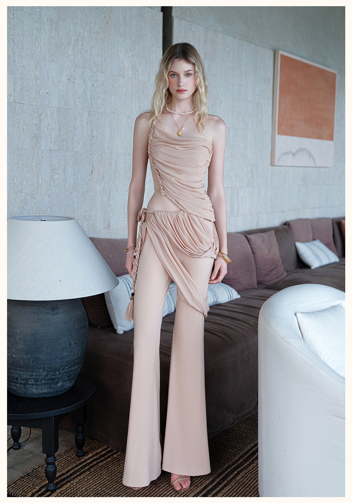 Sheerluck Elegant Vacation Nude Drapella Lace-Braided Pleated Top & Flared Pants Set