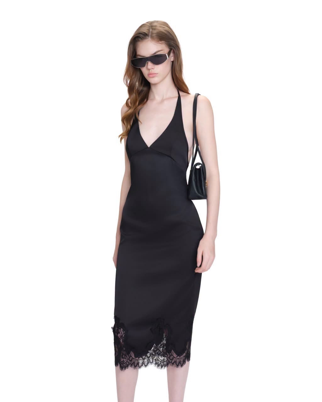 Yellow Halter Deep-V Satin Gelles Midi Dress