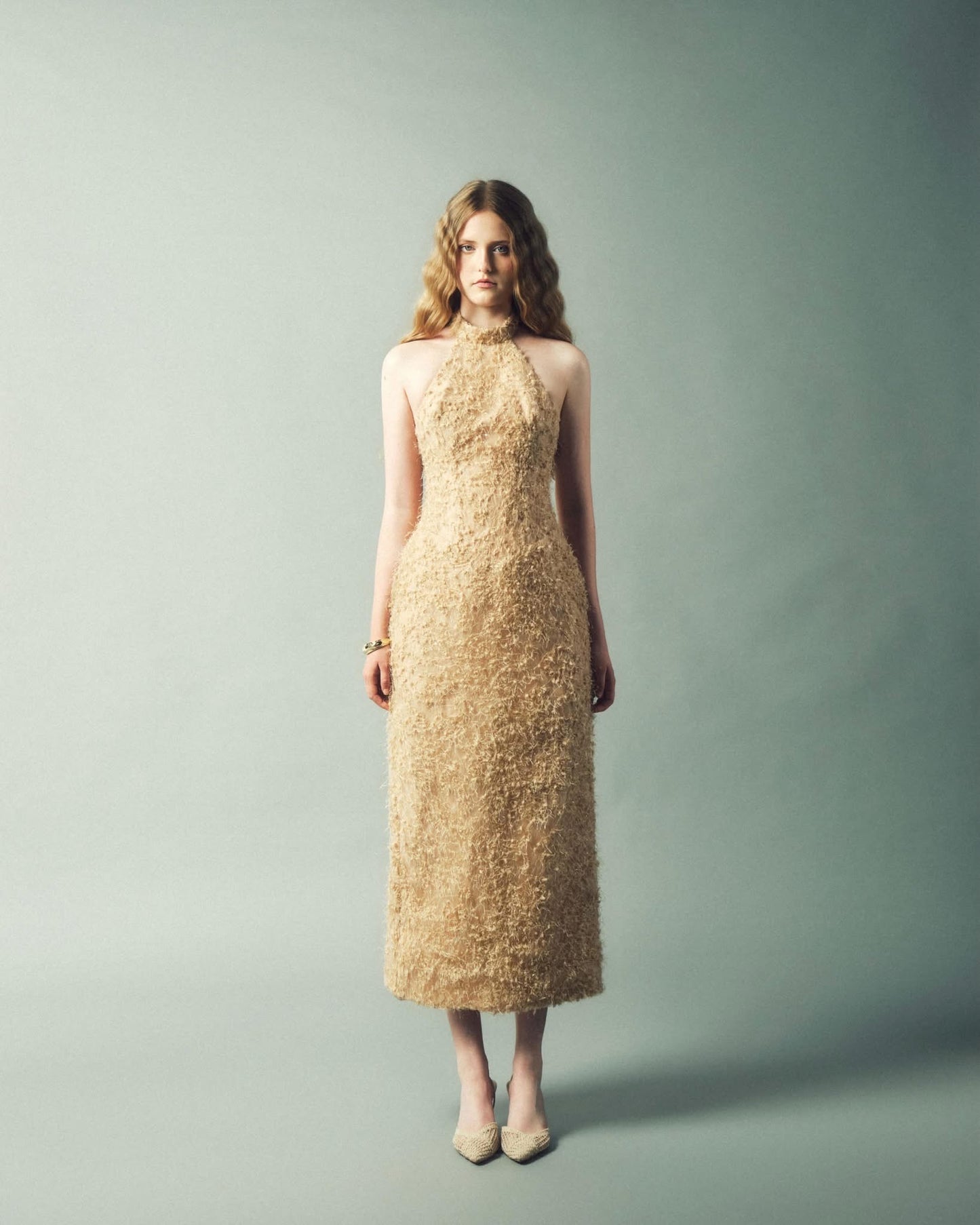 DELICIAE Gold Lace Rumi Midi Dress