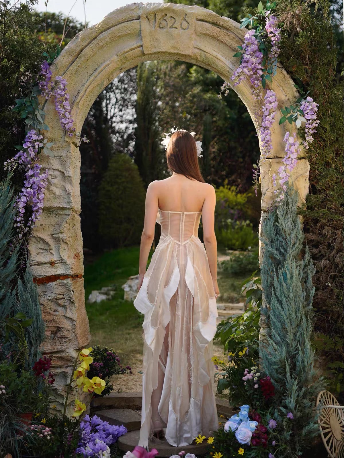 White 3D Petal Sheer Tulle Maxi Dress