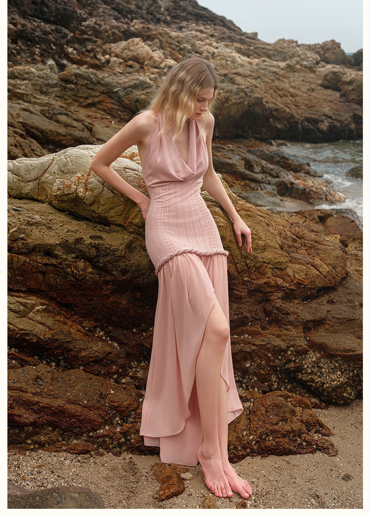 Cream Draped Halter Knit High-Low Chiffon Maxi Dress