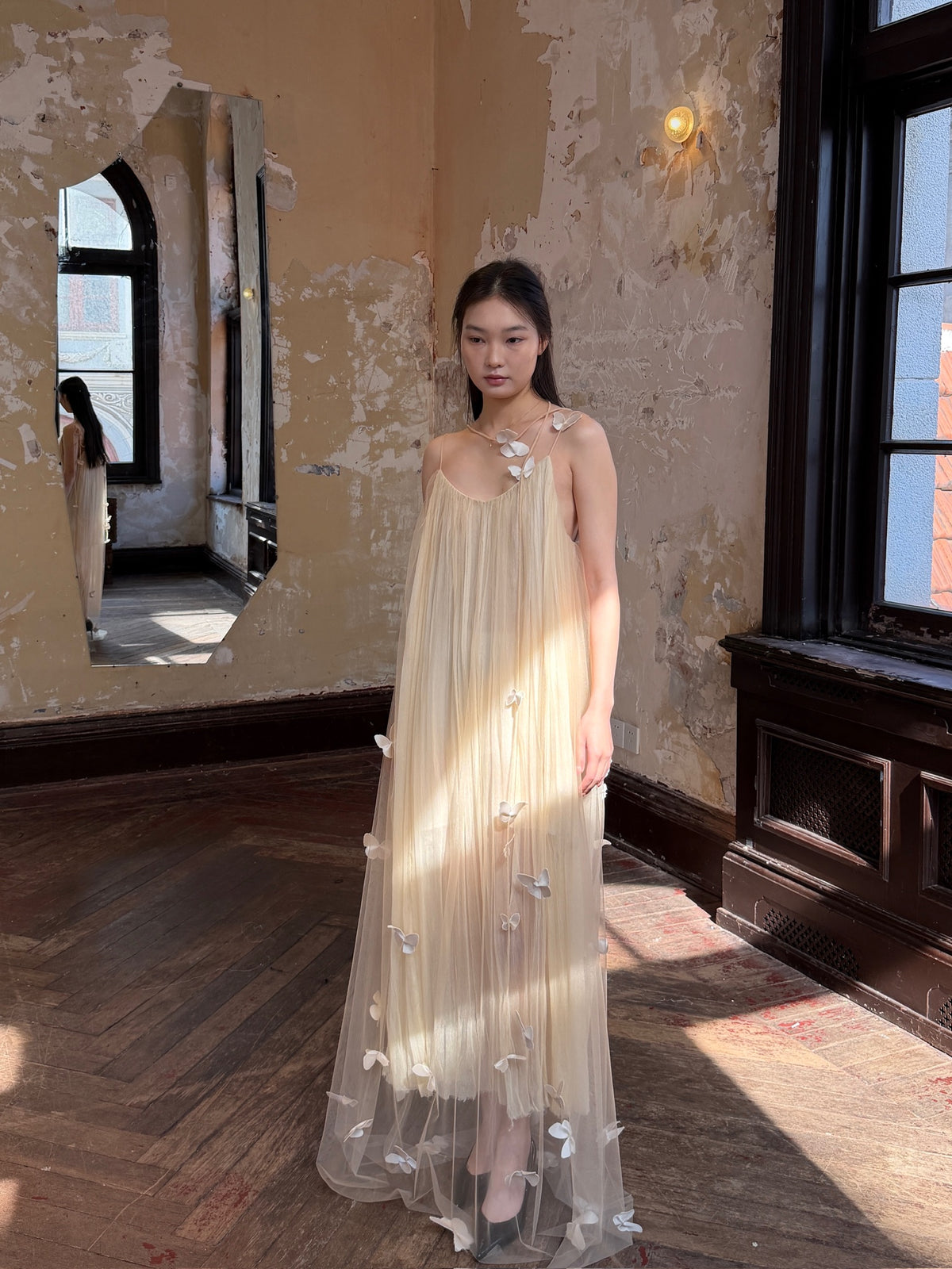 Nude Spaghetti Strap 3D Butterfly Tulle Maxi Dress