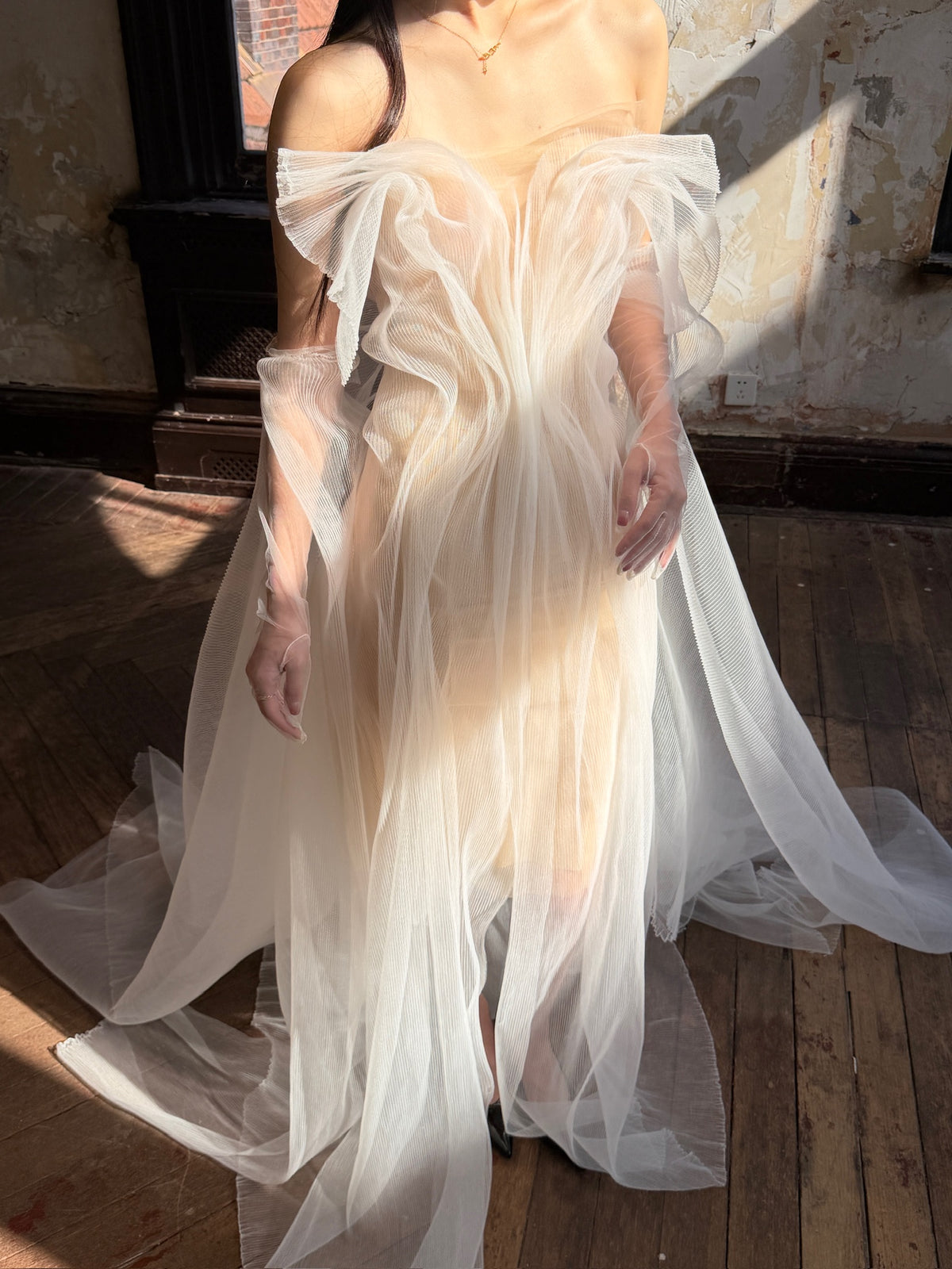 White Off Shoulder Tulle Flowy Maxi Dress