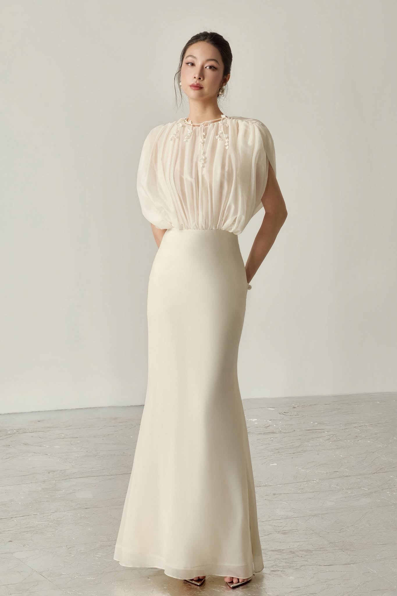 White Clio Sheer Ruched Maxi Dress