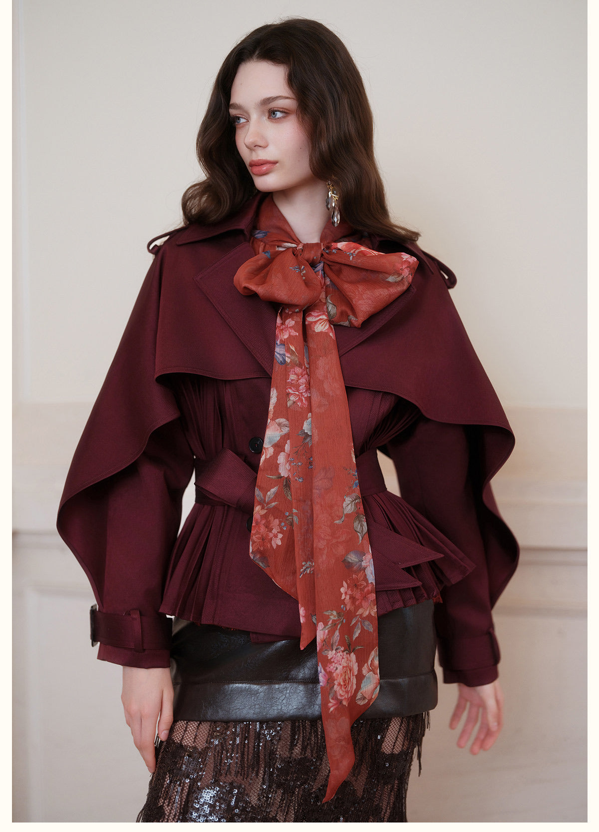 Red Cape-Sleeve Cinched Cropped Jacket