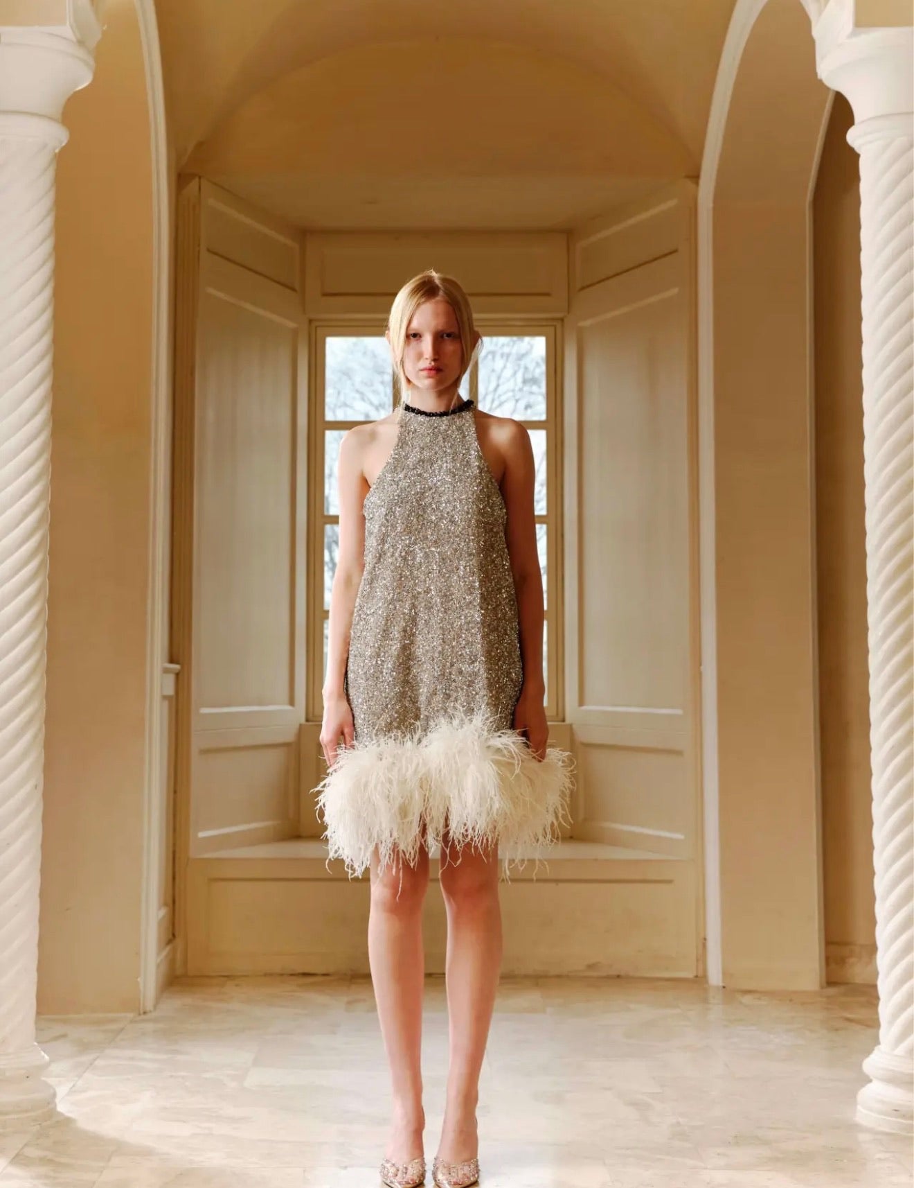 XIANGQIAOSHENG Grey Glittering Feathers Mini Dress