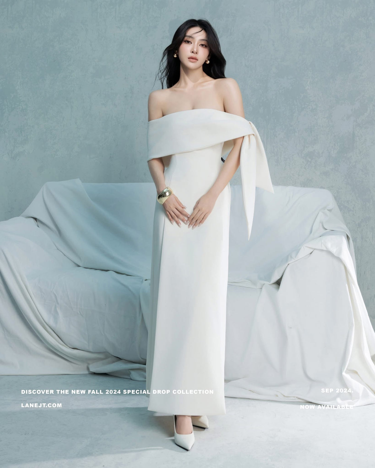 LANE JT White Saby Asymmetric Side Tie Maxi Dress