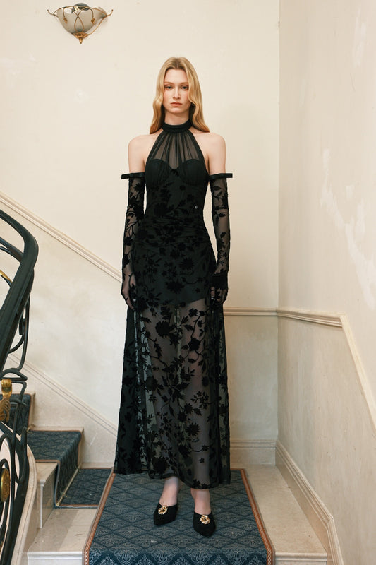 SHEERLUCK Black Lune Halter-Neck Velvet Maxi Dress