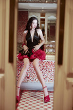 Black Halter Deep V Red Rose Hem Dress