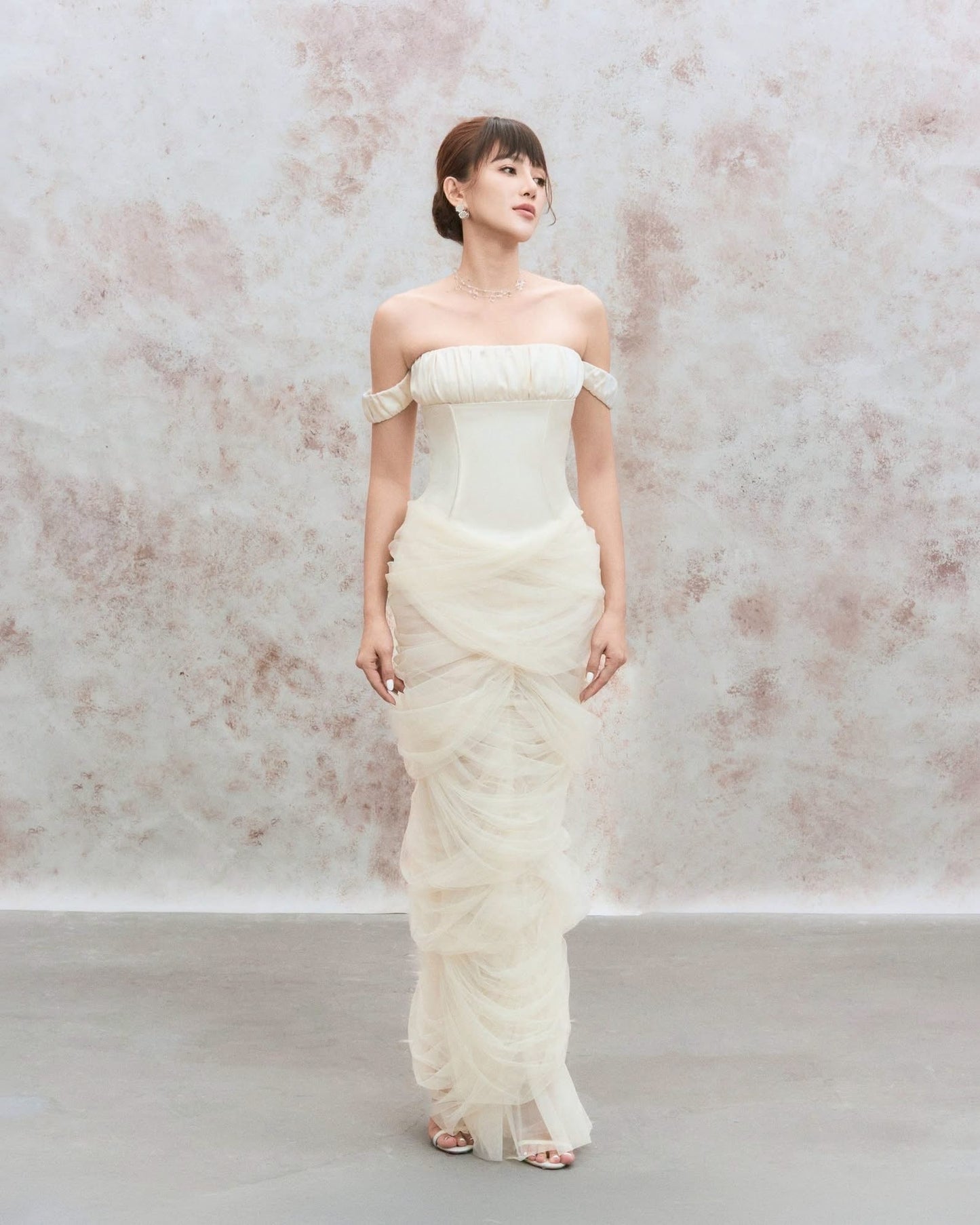 DENIO White Anatasia Pleated Corset Maxi Dress