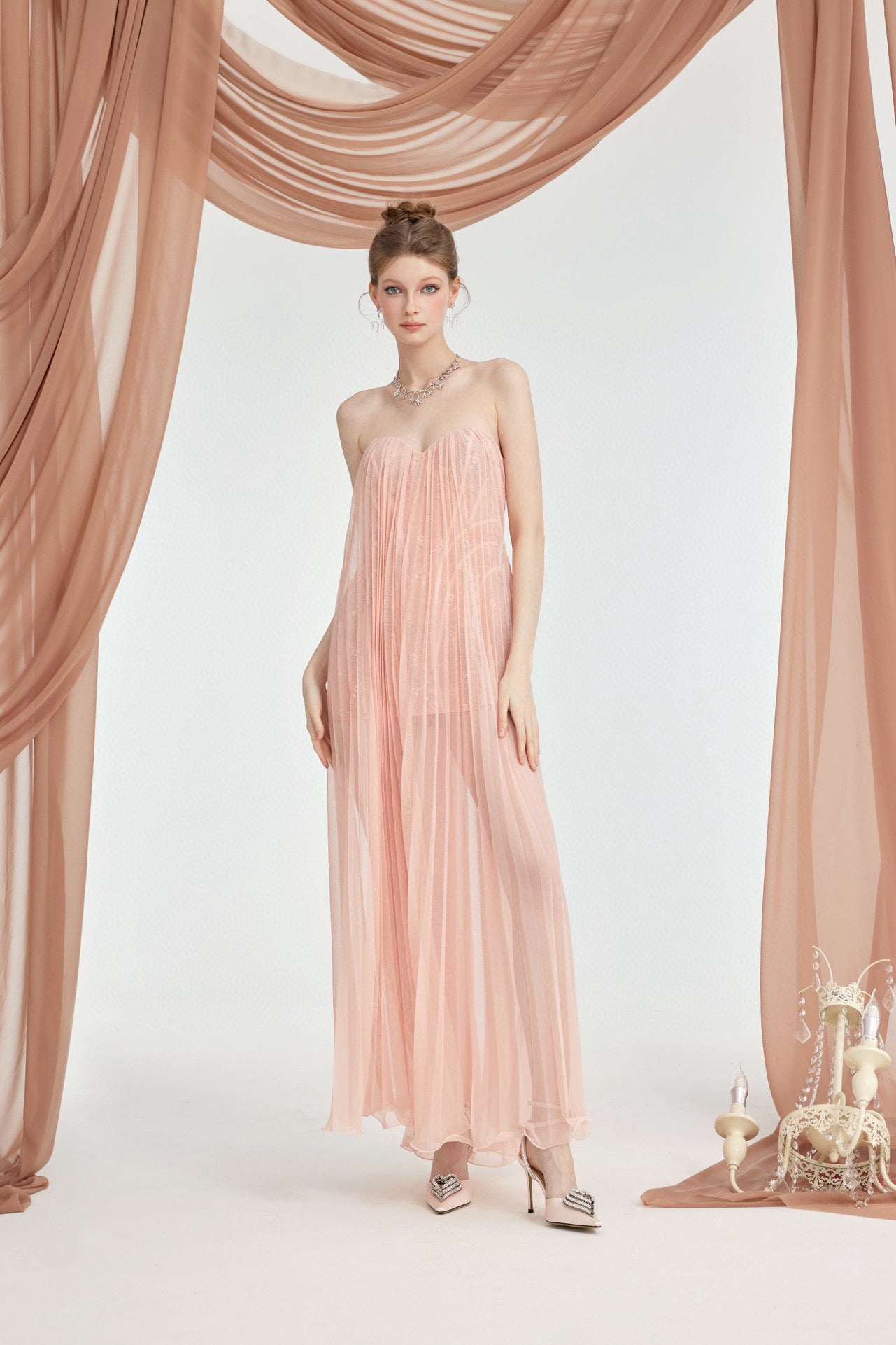 SHEERLUCK BLUE & PINK & NUDE & BROWN MAXI VACATION DRESS