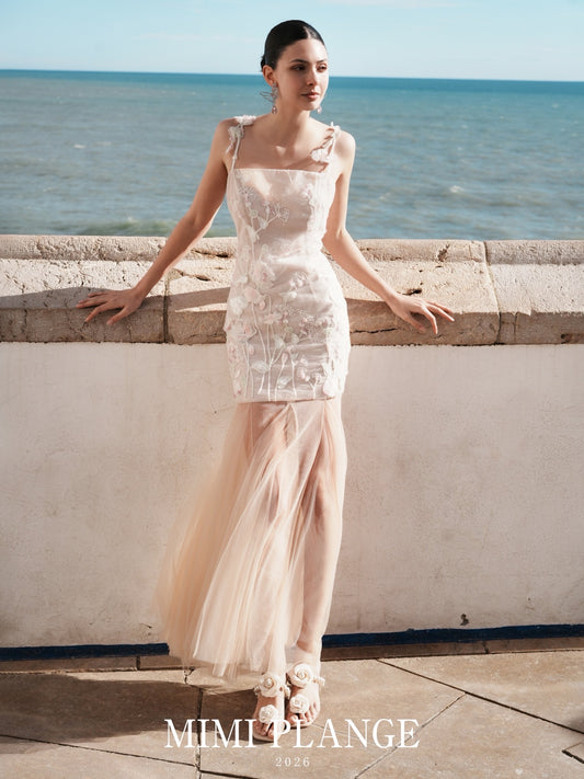 MIMI PLANGE Vacation Sweet White Lace Floral Beaded Maxi Dress