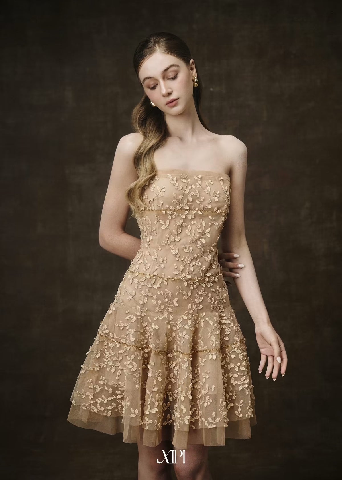 Brown 3D Lace Crystal-embellished Straps Tube Midi Dress