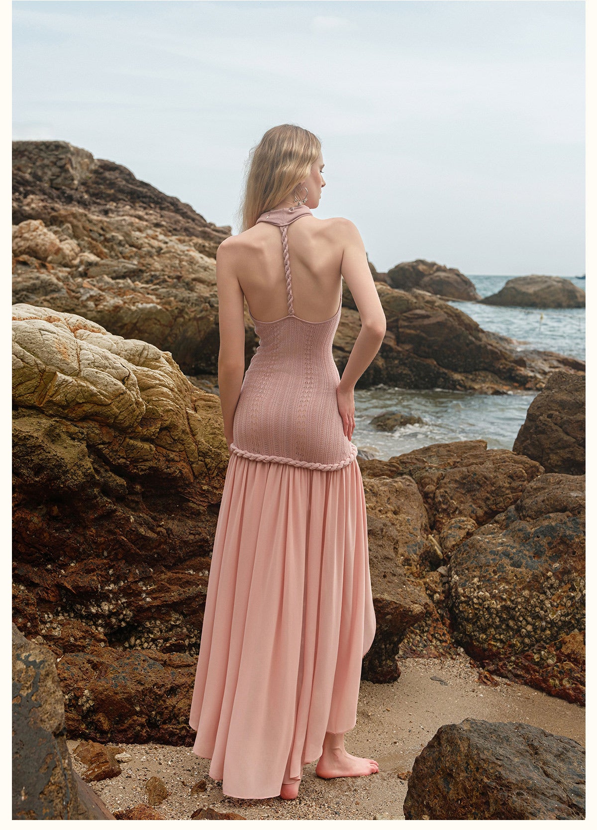 Cream Draped Halter Knit High-Low Chiffon Maxi Dress