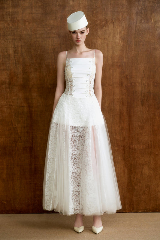 CICI White Elegant Vacation Lace Mariel Scarf-neck Maxi Dress