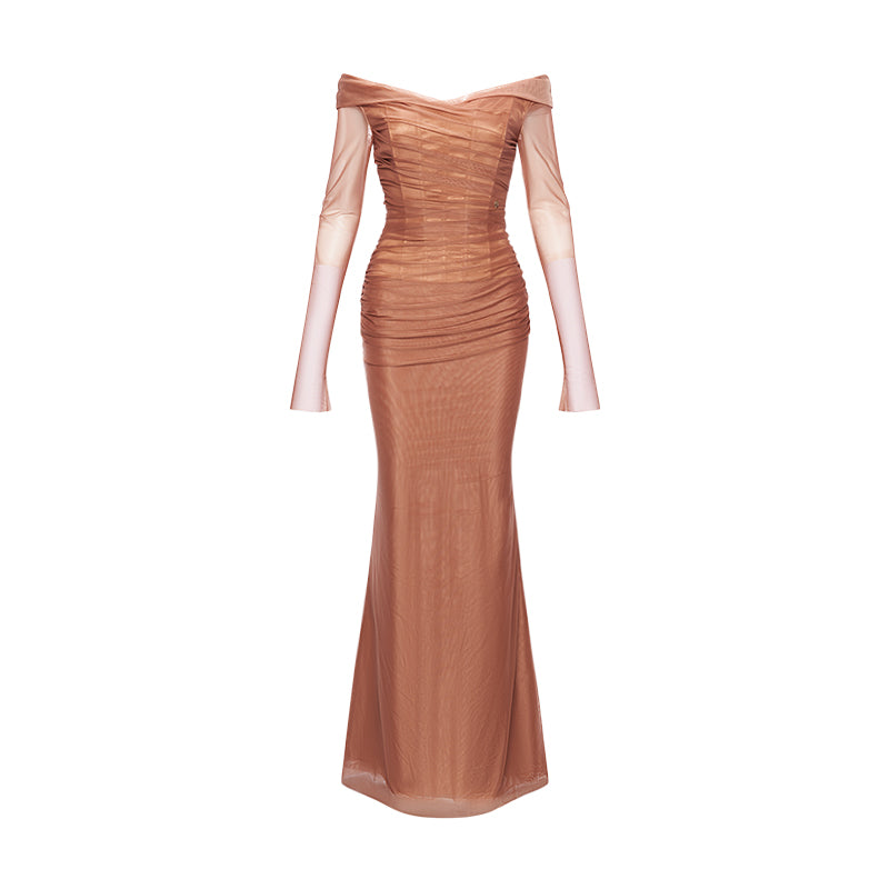 SHEERLUCK Pink & Nde & Brown Fishbone maxi dress