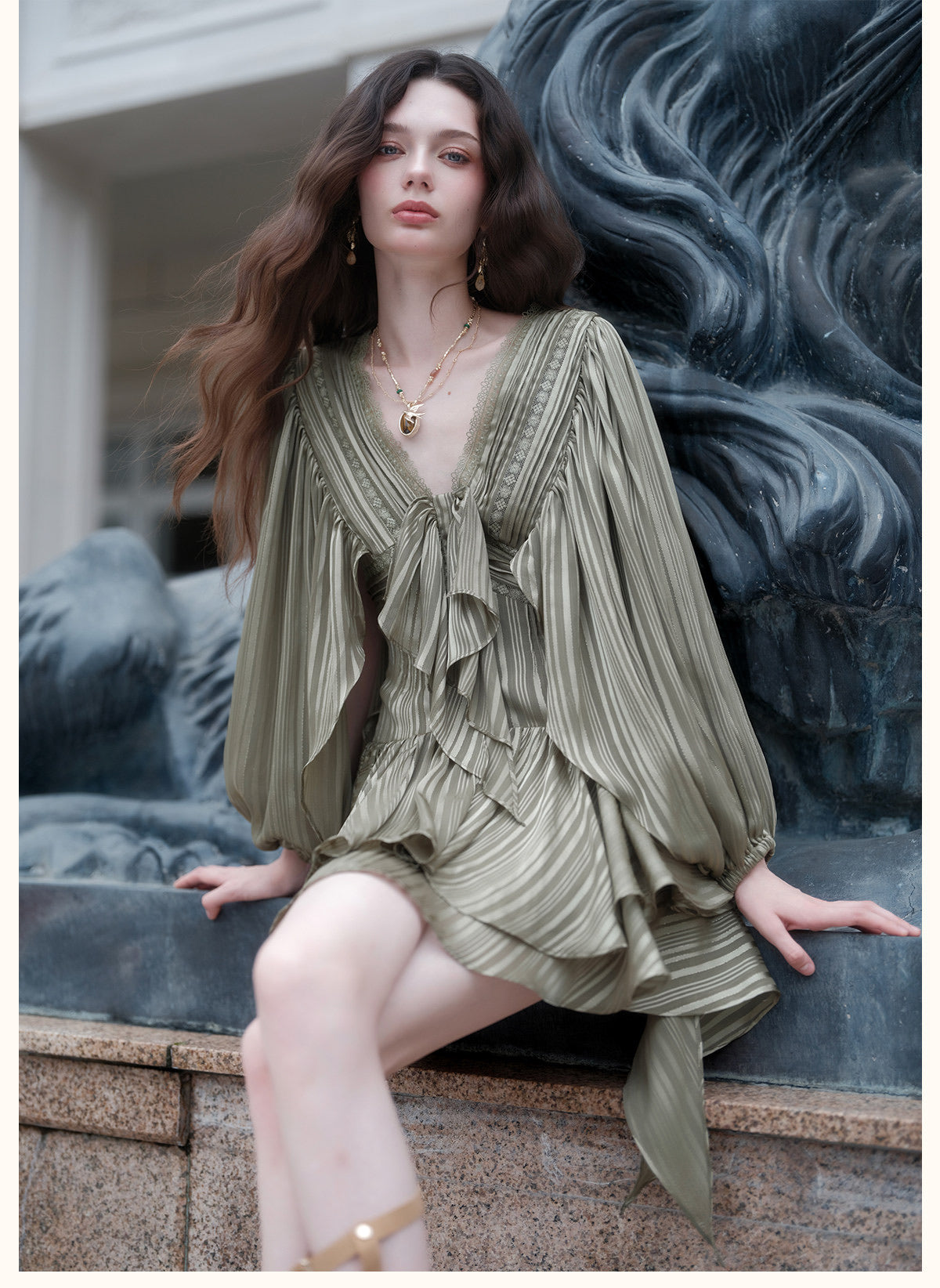 Green Striped Satin Lantern-Sleeve V-Neck Bow Tiered Mini Dress