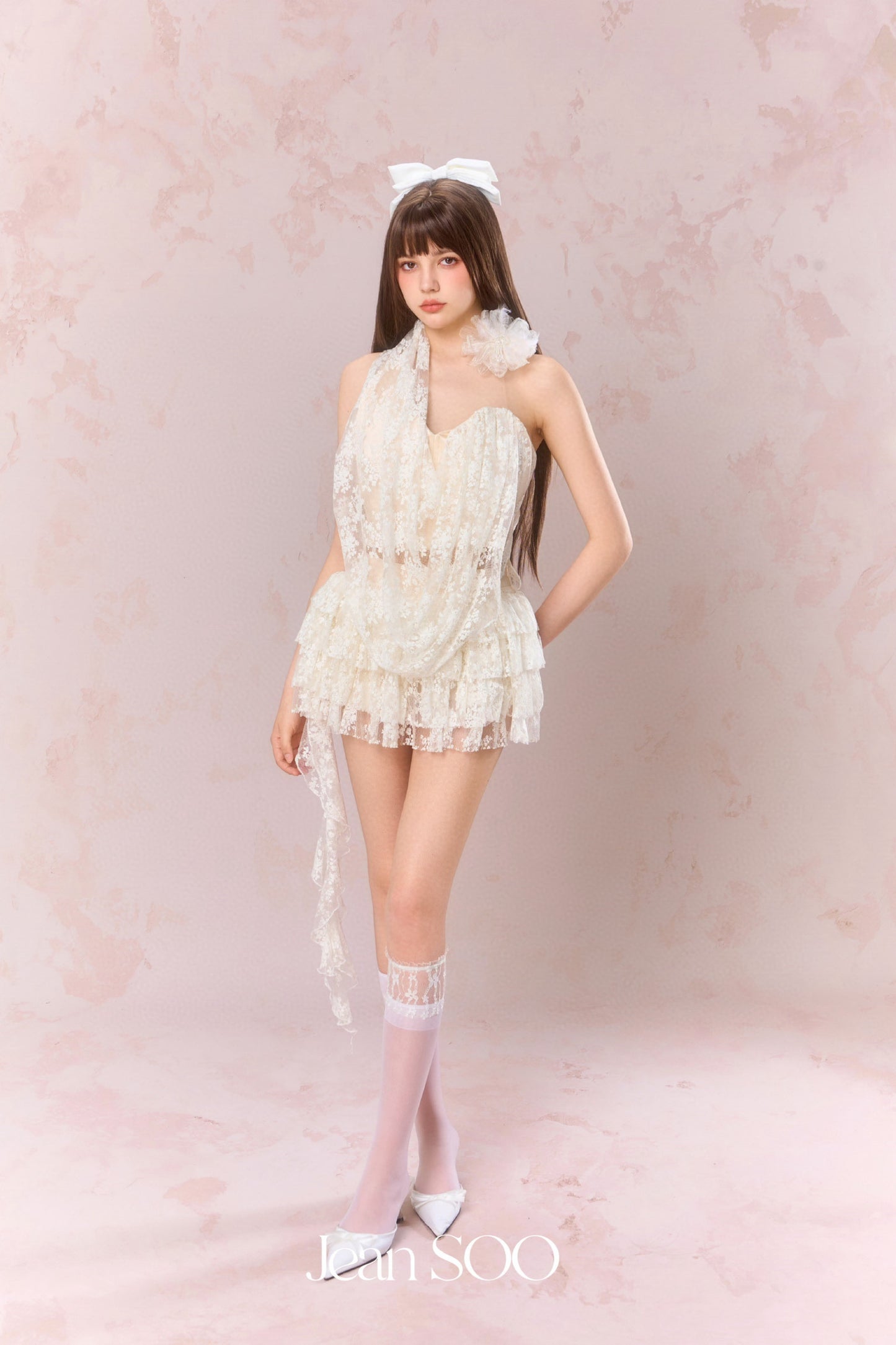 JEAN SOO Cream Neck-hanging Lace Irregular Top & Cake Skirt