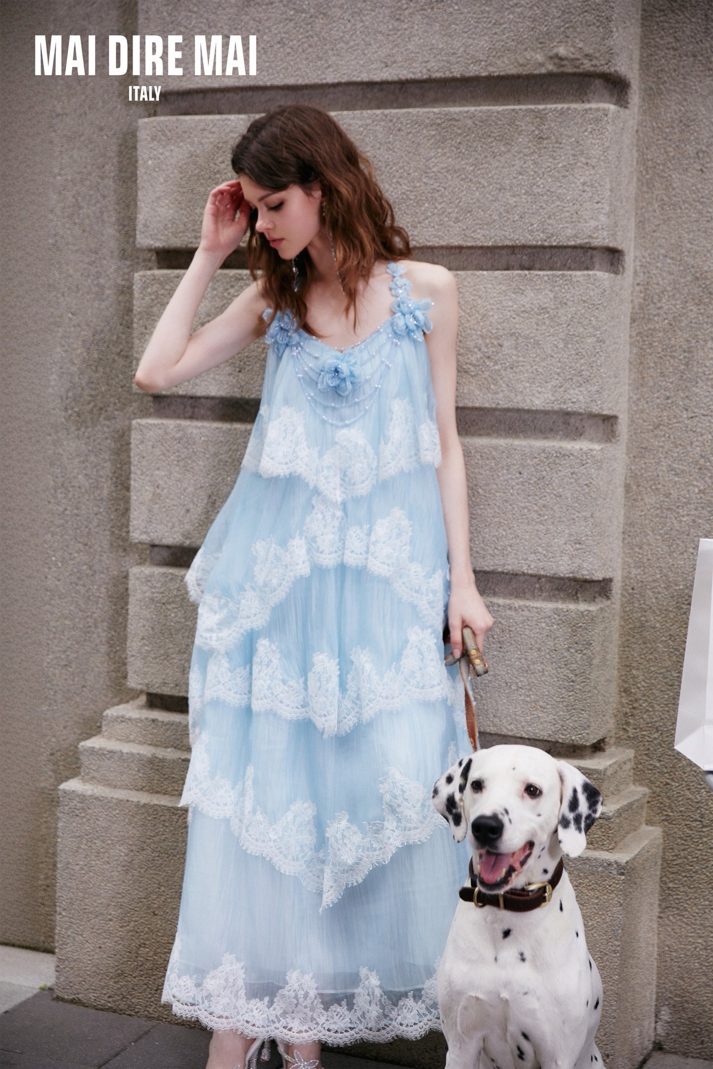 MAI DIRE MAI Elegant Vacation Blue Lace Floral Maxi Dress