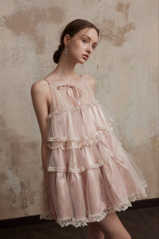 Pink Bow Multi-Layer Lace Cake Mini Dress