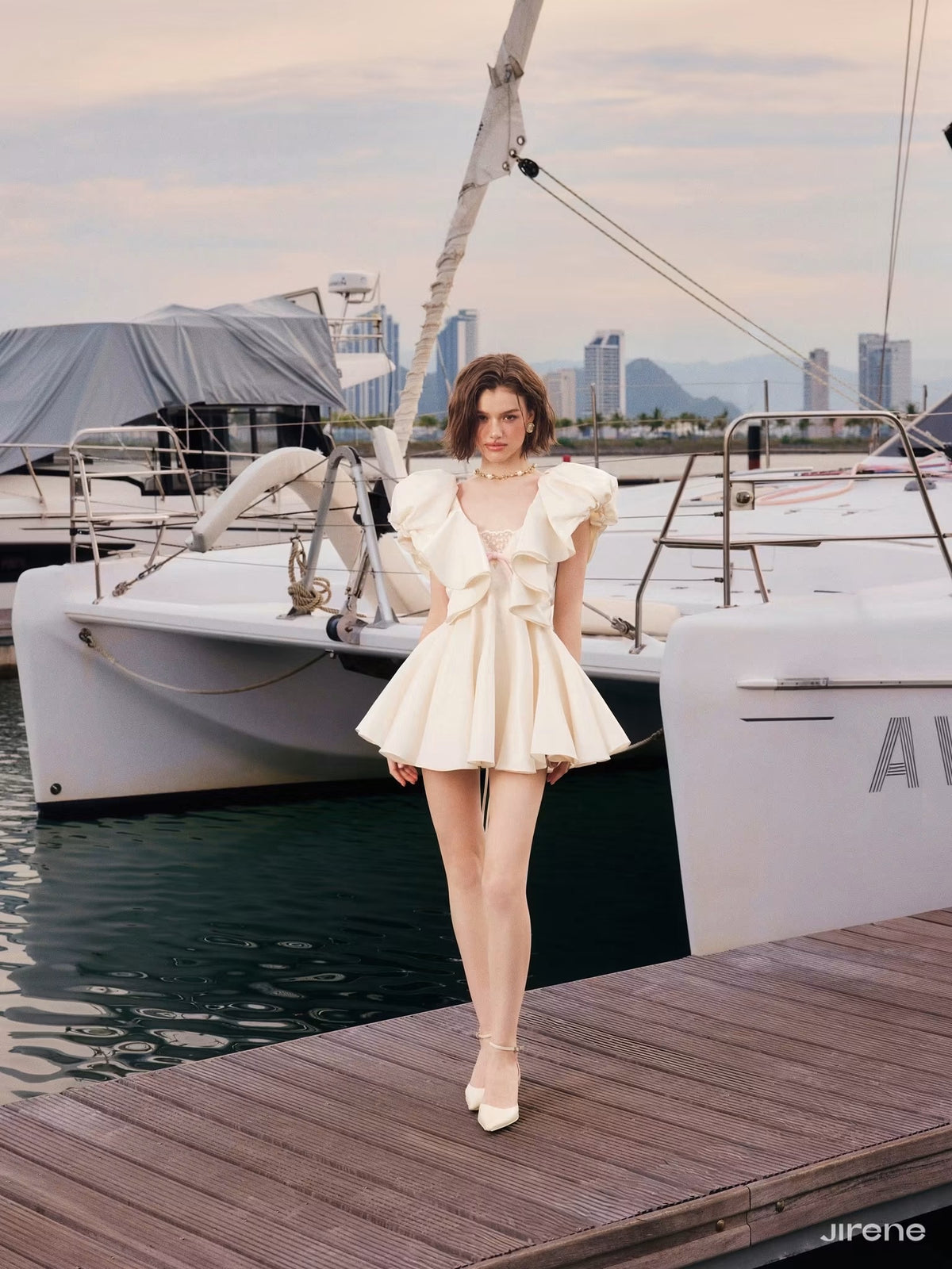 Cream Ruffled-edge Bow Lucia Mini Dress