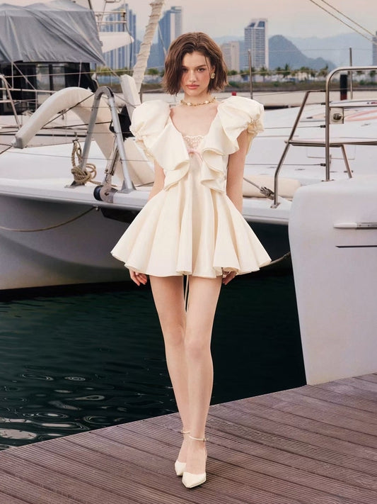 Cream Ruffled-edge Bow Lucia Mini Dress