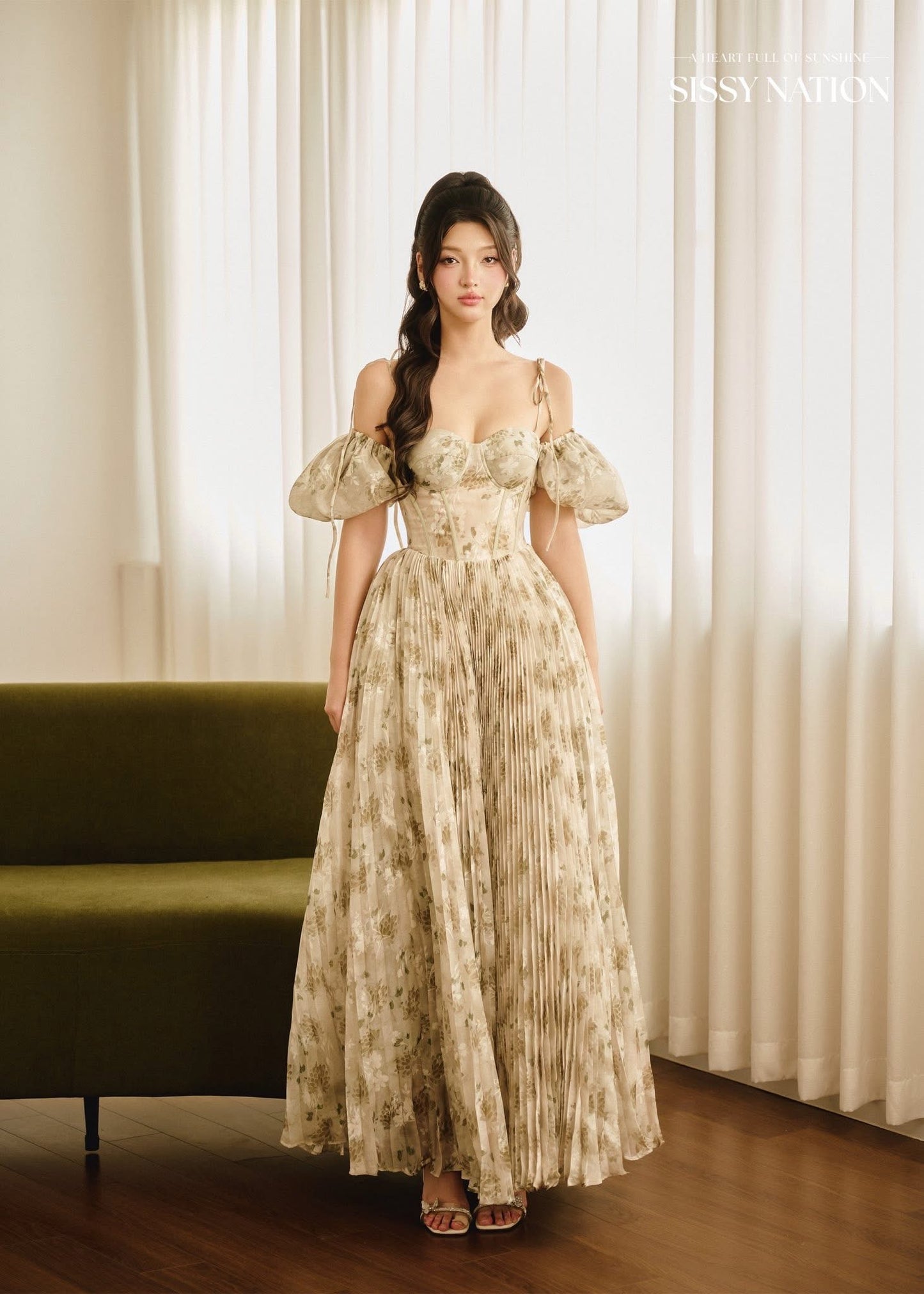 SISSY NATION Green Floal Tiana Pleated Maxi Dress