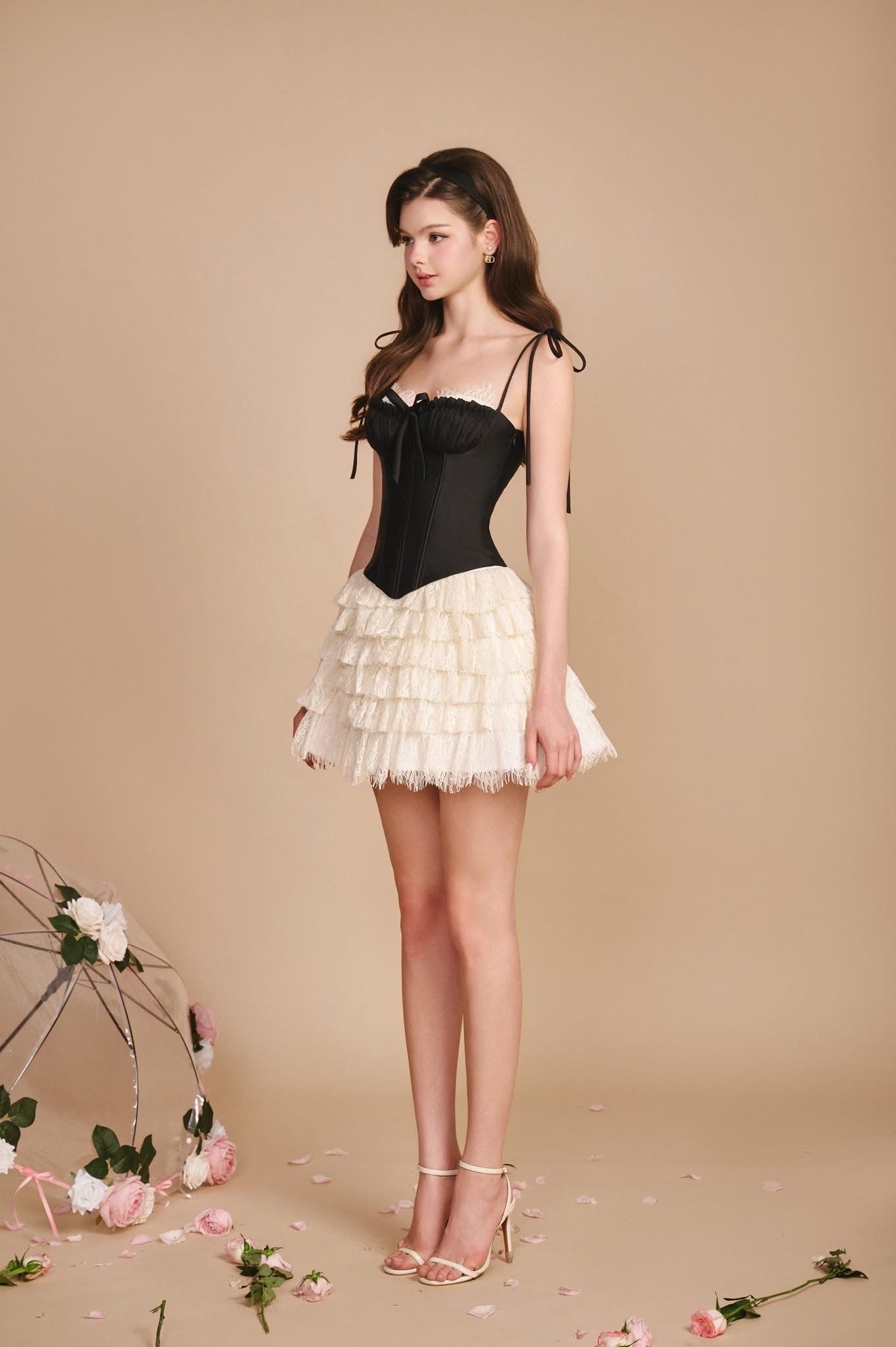 SISSY NATION Sweet Elegant Fairycore Black Orchid Corset Top & White J'adore Skirt