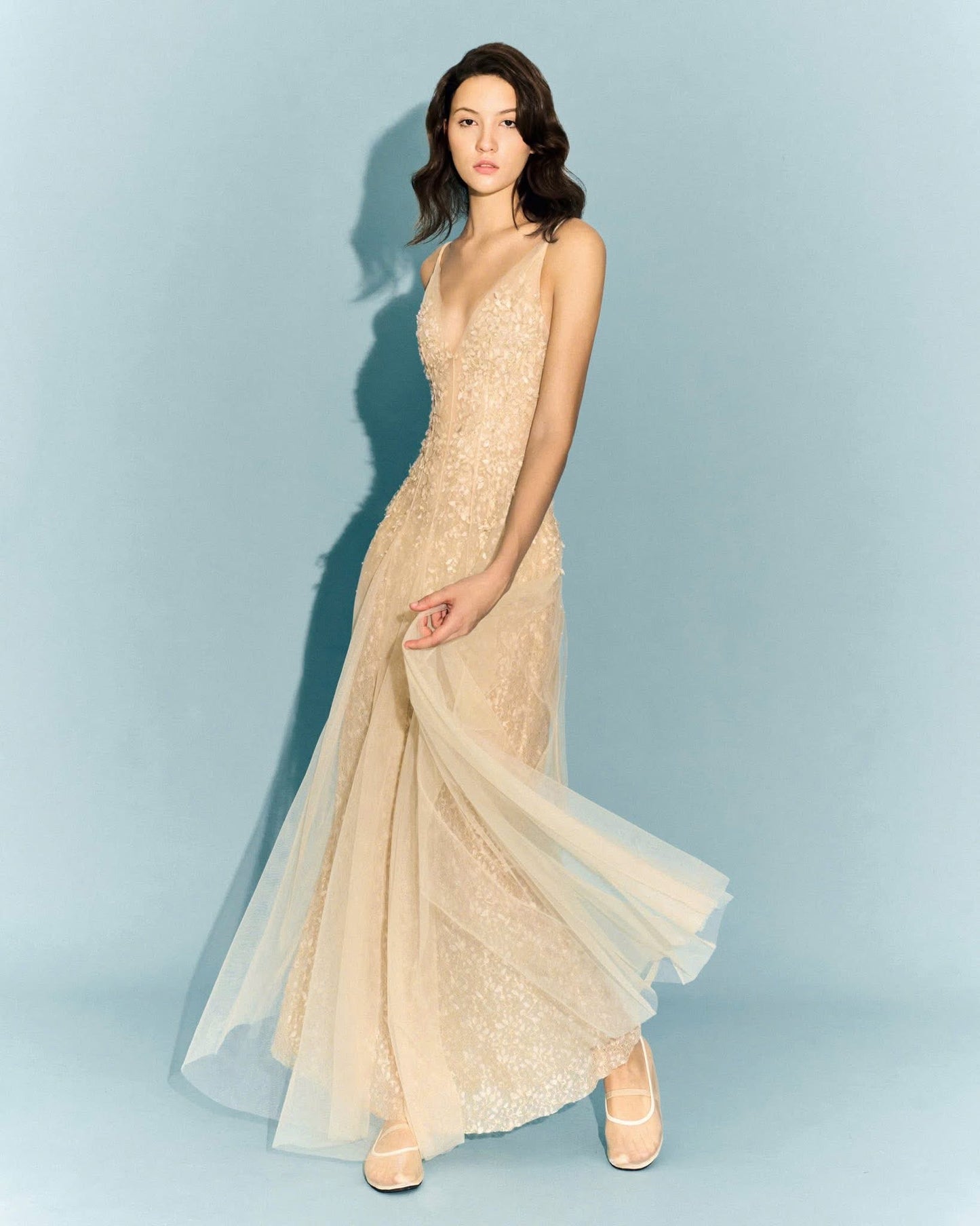 MONTSAND Nude Pastel Deep-V Maxi Dress