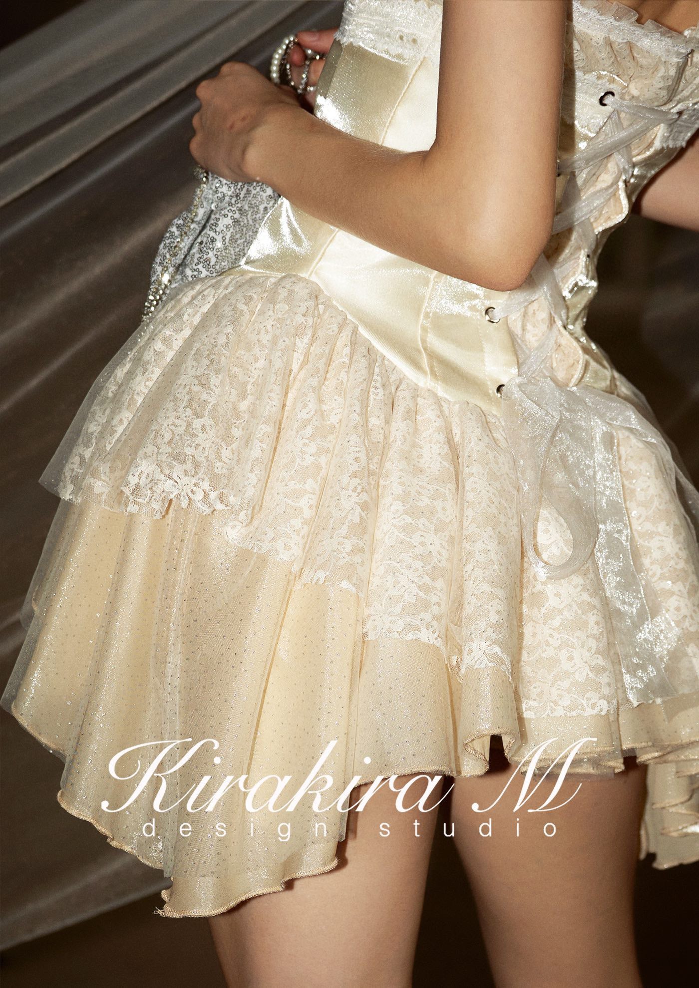 kirakira M yellow Lace Waistband mini Dress