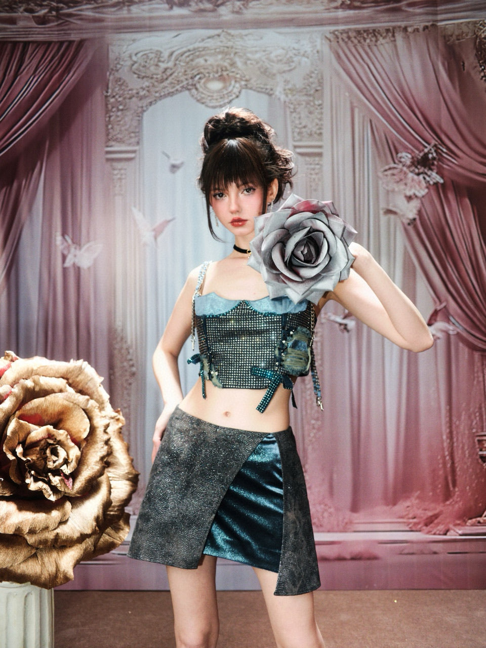 Chengchengling Blue Denim Top& Skirt