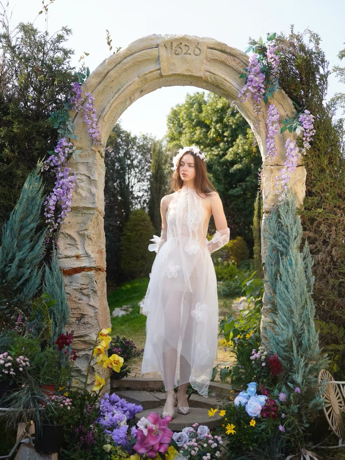 White Halter 3D Floral Sheer Tulle Midi Dress