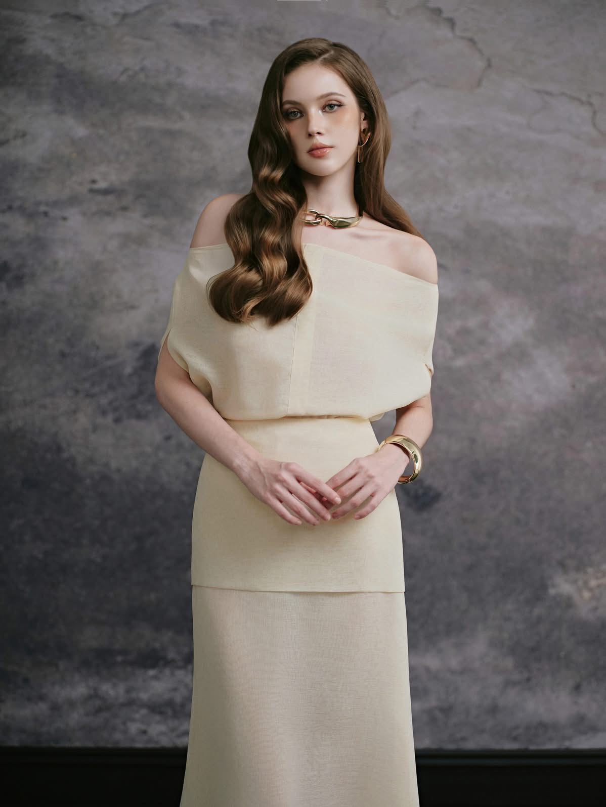 DELICATE Cream Caitlyn One-shoulder Top & Skirt