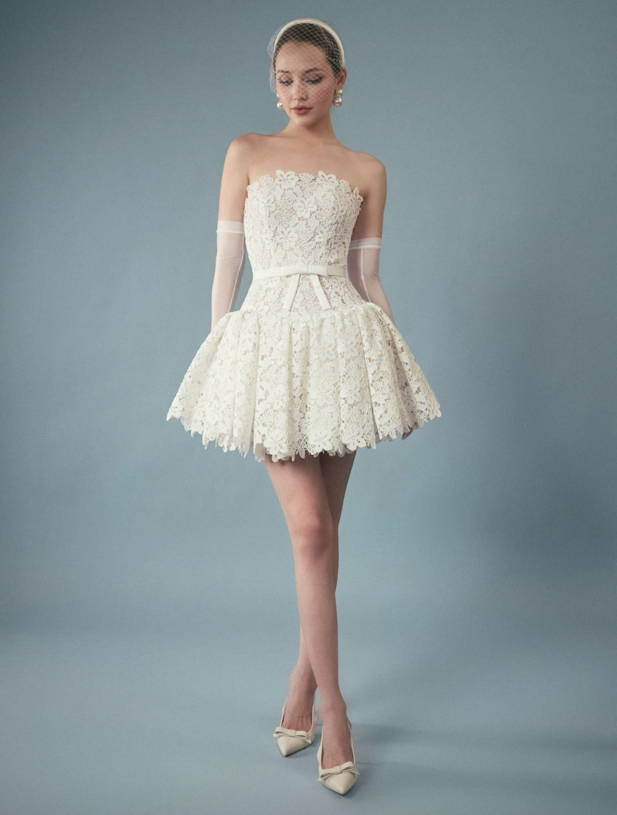 White Lace Bow Sweetheart Mini Dress