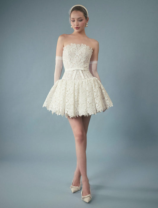 White Lace Bow Sweetheart Mini Dress