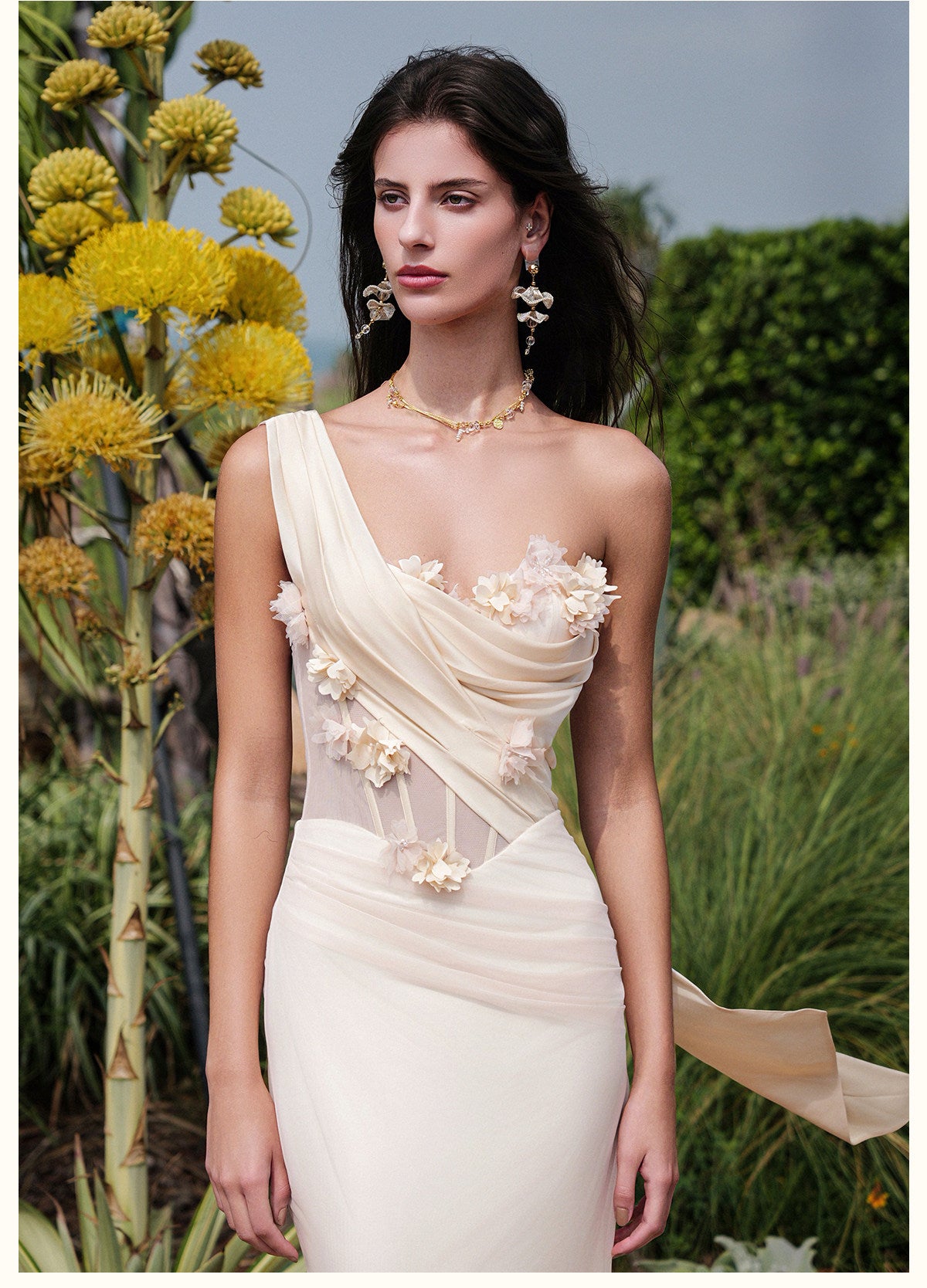 SHEERLUCK Sexy Vacation Brown Sculpt Flower Fish-tail Maxi Dress
