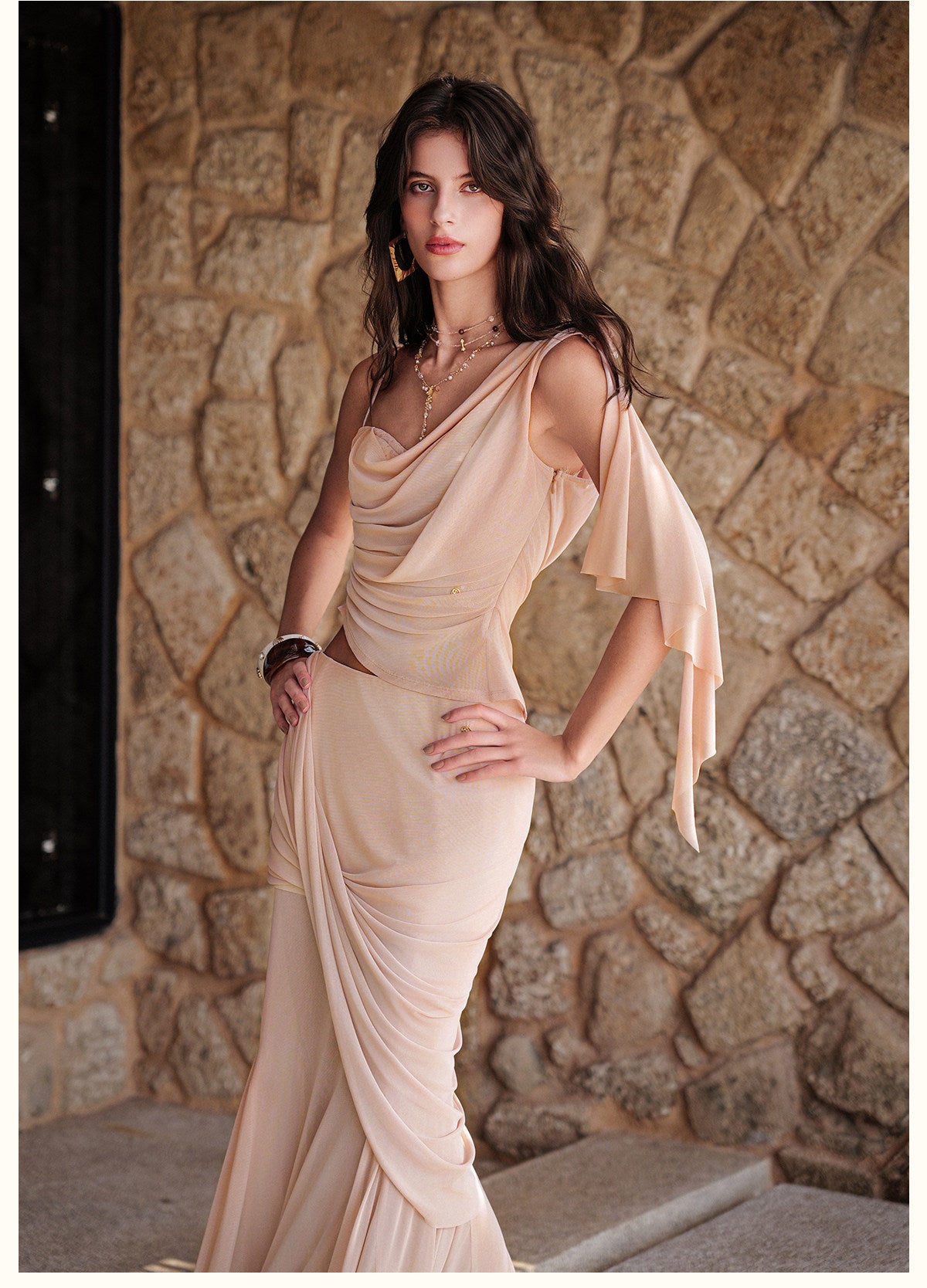 Nude Asymmetric One-Shoulder Draped Cutout 3D Floral Mermai
 Top & Maxi Skirt