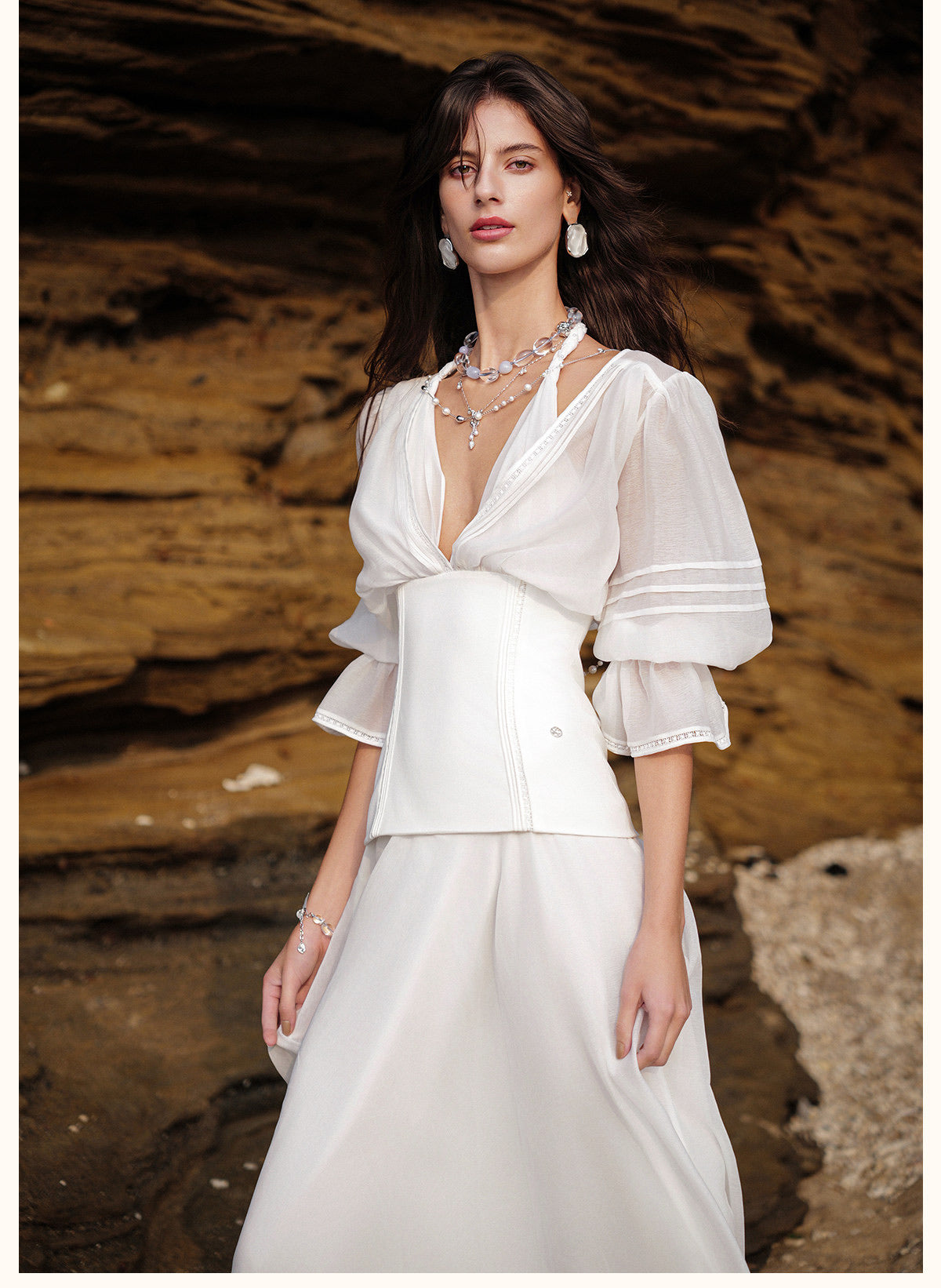 Sheerluck Elegant Vacation White Palazzo V-neck Maxi Dress