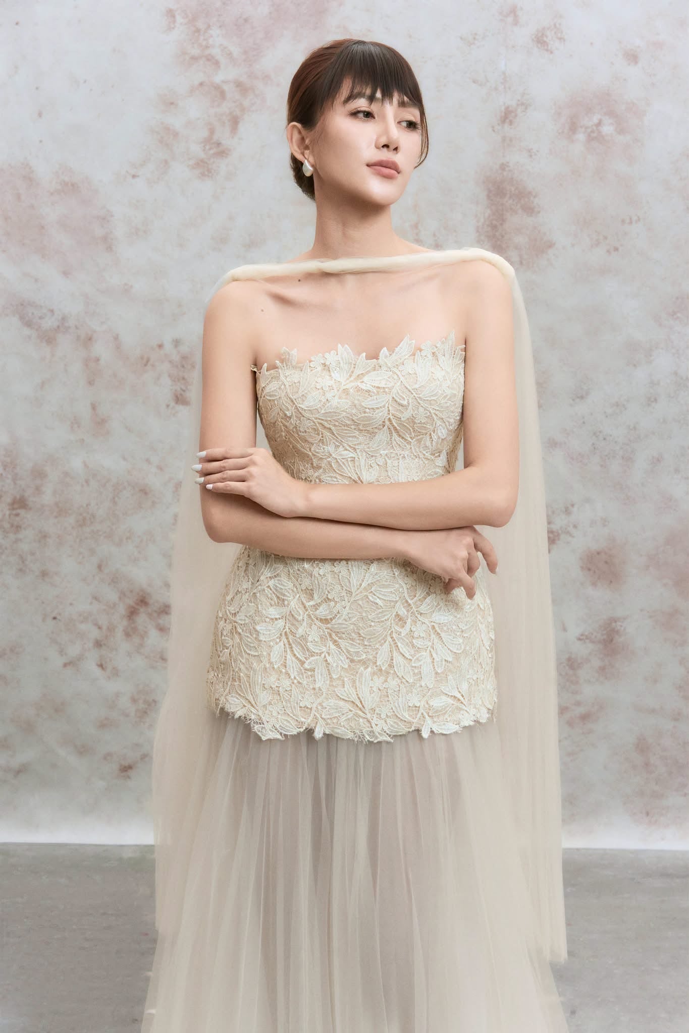DENIO White Hera Lace Mesh Flared Maxi Dress