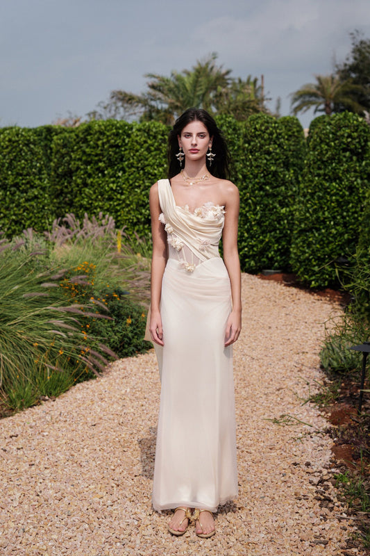 SHEERLUCK Sexy Vacation Cream Sculpt Flower Fish-tail Maxi Dress