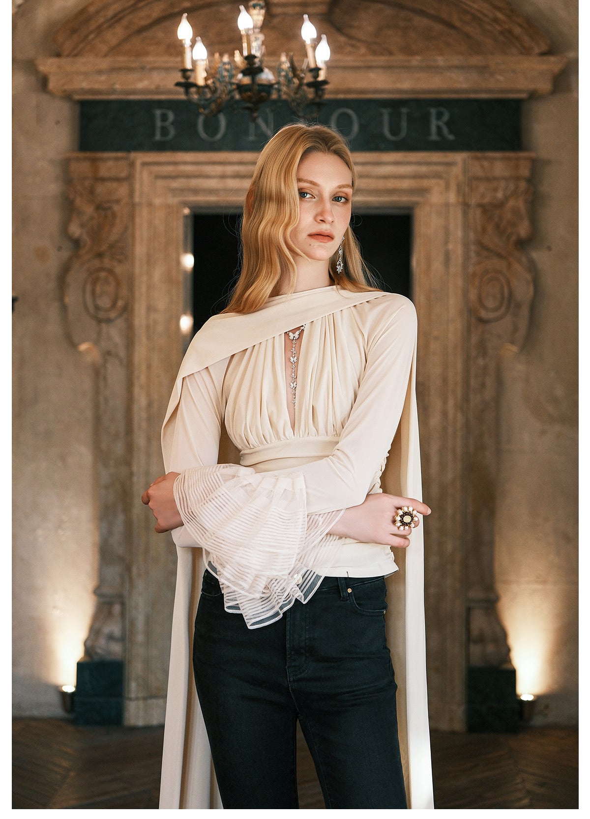 SHEERLUCK Red Nina Halterneck V-neck Ribbon Top