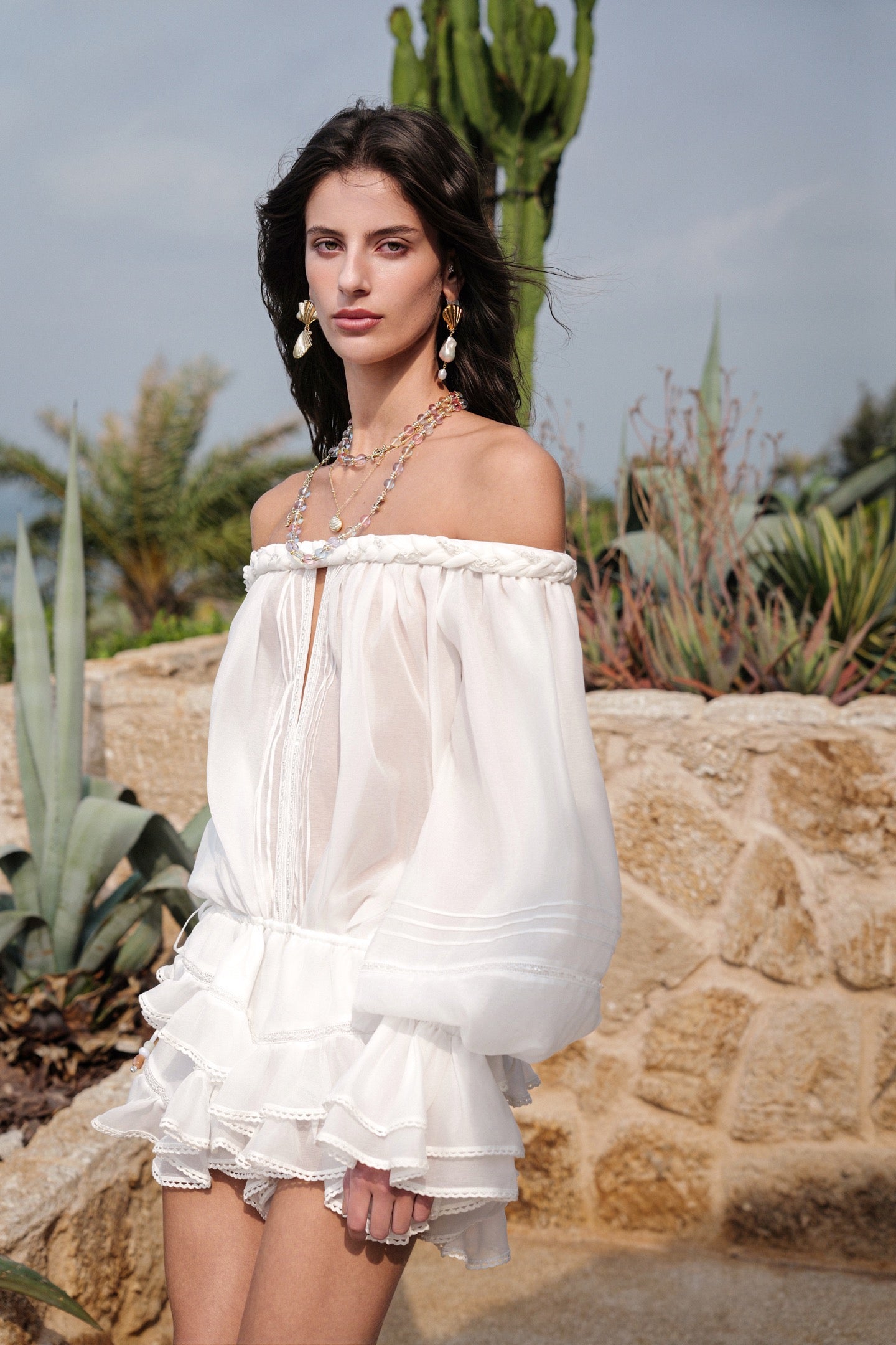 SHEERLUCK Sweet Vacation White Muse Venier Off-the-shoulder Top Mini Shorts