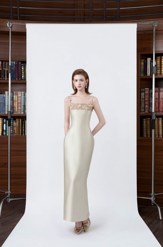 DETHEIA Elegant Vintage Nude Stained Greta Maxi Dress