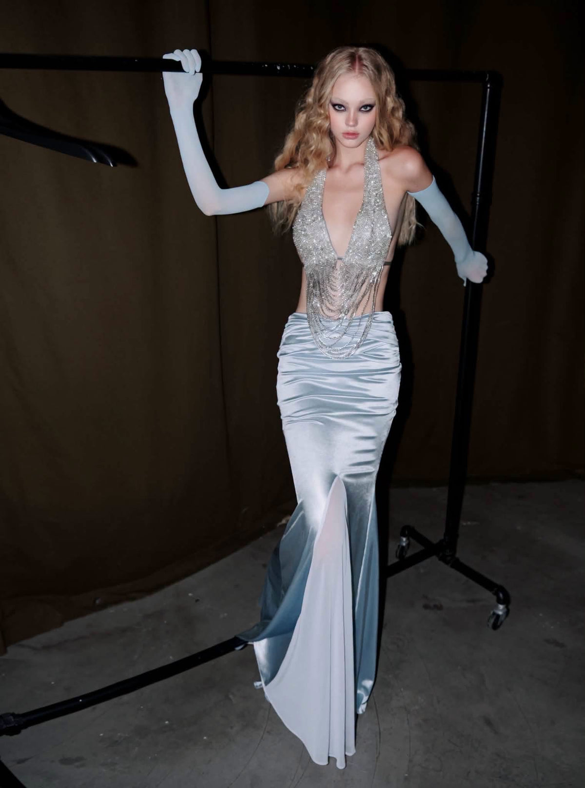 Silver Sequin Halter Deep-V Fringe Eliora Top & Blue Satin Twist Trumpet Monali Maxi Skirt
